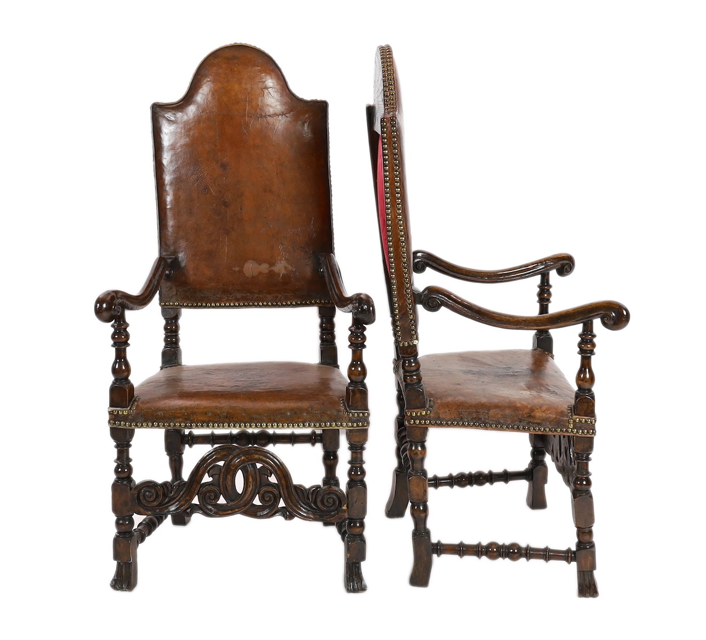 A pair of late 17th century Spanish walnut and elm armchairs, width 69cm, depth 61cm, height 141cm